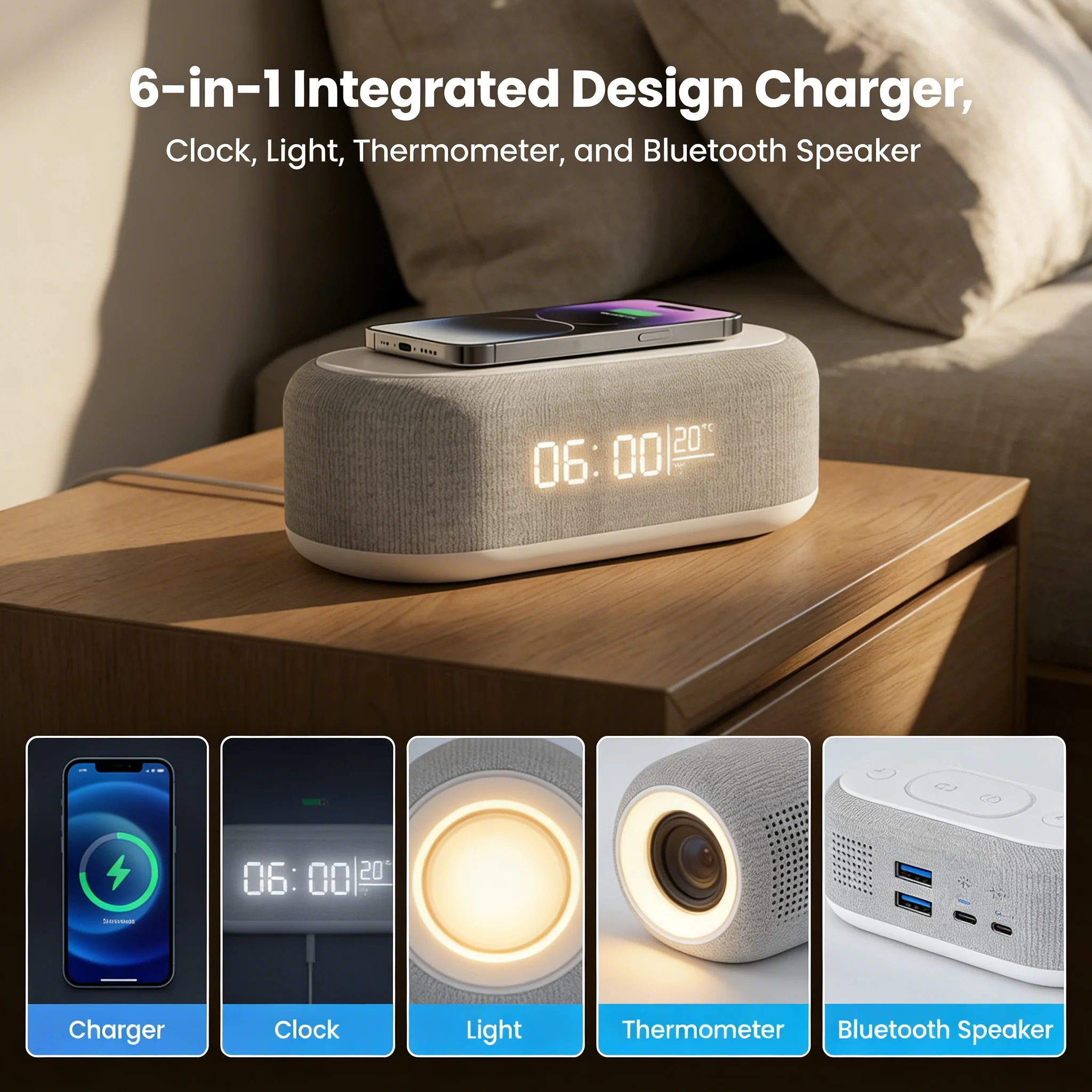 🌞Fris De Lente In Met 50% Korting!🔋6-in-1 Draadloos Laadstation 25W – Klok, Wekker, Bluetooth Speaker & Nachtlampje | All-in-One Nachtkastje! - Image 2