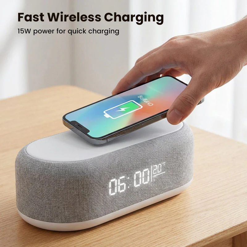 🌞Fris De Lente In Met 50% Korting!🔋6-in-1 Draadloos Laadstation 25W – Klok, Wekker, Bluetooth Speaker & Nachtlampje | All-in-One Nachtkastje! - Image 5
