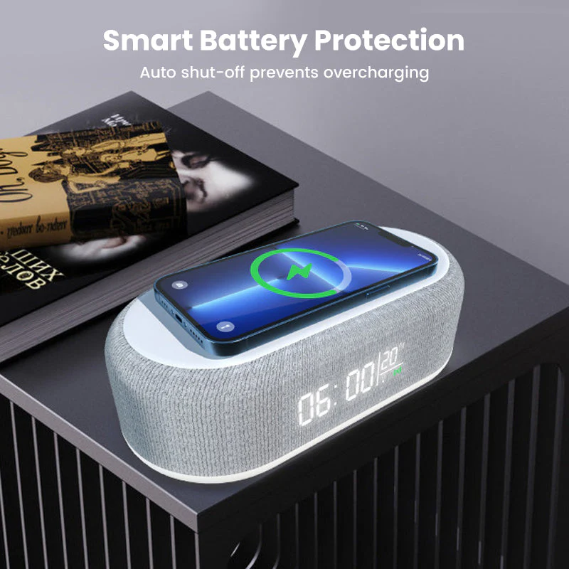 🌞Fris De Lente In Met 50% Korting!🔋6-in-1 Draadloos Laadstation 25W – Klok, Wekker, Bluetooth Speaker & Nachtlampje | All-in-One Nachtkastje! - Image 6