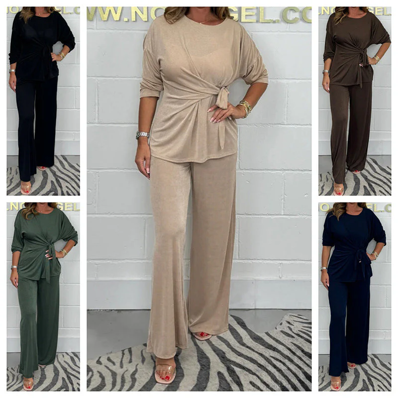 ✨ Zachte 2-Delige Dames Outfit Met Lange Mouwen – Verstelbare Taille, Wide Leg Broek & Alledaags Comfort (Casual Tot Chic, Eenvoudig Stylen!)