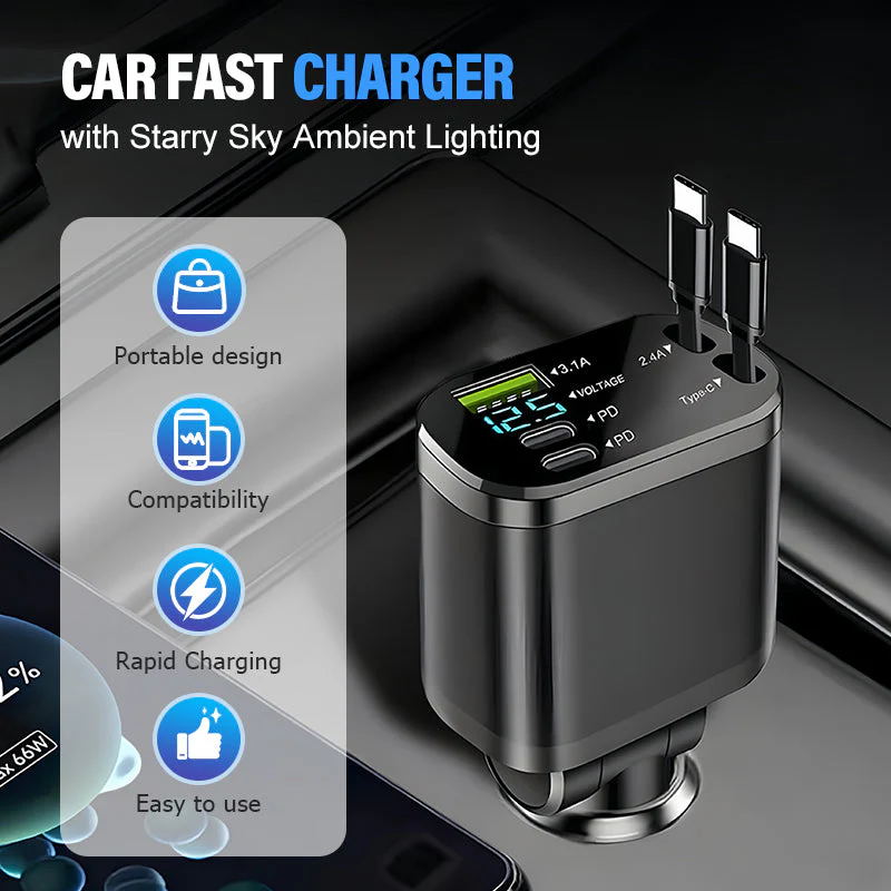 🚗🔌🎵 2-in-1 Auto Oplader & Bluetooth-speler – Snelladen, Dubbele Intrekbare Kabels & Starlight Ambiance (Universeel Compatibel)!