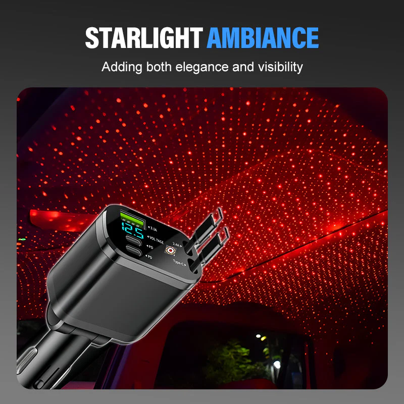 🚗🔌🎵 2-in-1 Auto Oplader & Bluetooth-speler – Snelladen, Dubbele Intrekbare Kabels & Starlight Ambiance (Universeel Compatibel)! - Image 4