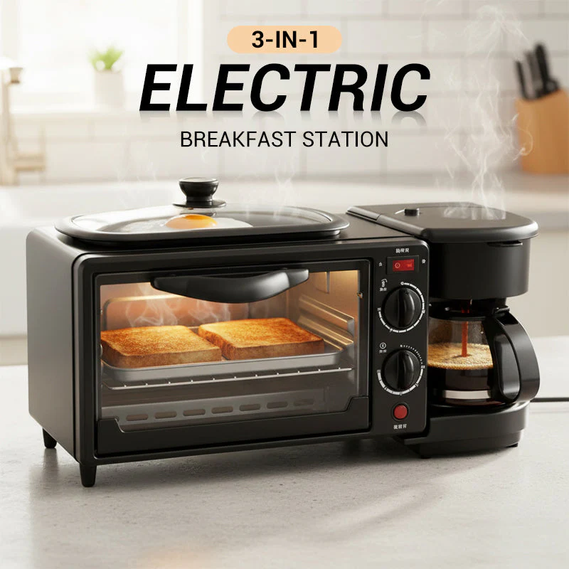 🎉Nieuwjaars Cadeau 50% KORTING!🥞3-in-1 Elektrisch Ontbijtstation - Broodrooster, Koffiezetter & Bakplaat: 1 Apparaat Voor Heel Gezins Ontbijt (Spaar Aanrechtruimte!)