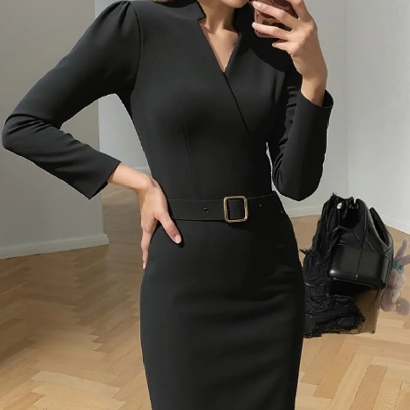 ✨ Elegante V-Hals Slim-Fit Jurk – Opstaande Kraag, Taille-Accent & Pencil Cut (Multifunctioneel Chique voor Elk Moment!)