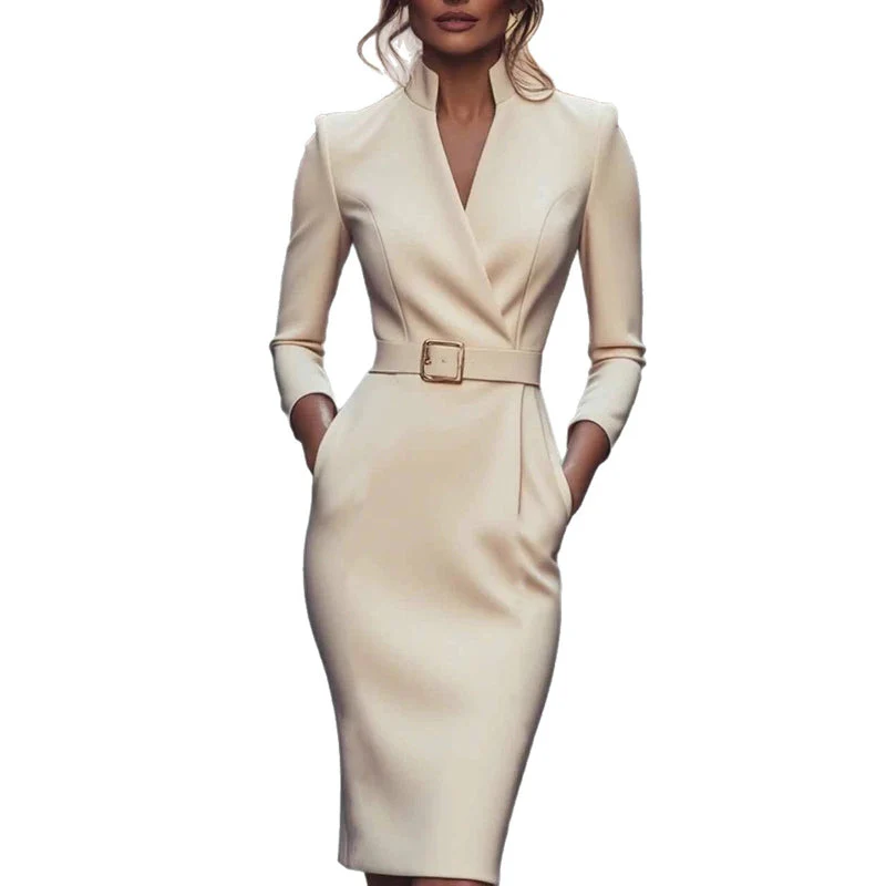✨ Elegante V-Hals Slim-Fit Jurk – Opstaande Kraag, Taille-Accent & Pencil Cut (Multifunctioneel Chique voor Elk Moment!) - Image 8