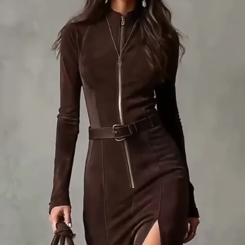 🖤Black Friday topper!✨ Lange Mouwen Maxi Jurk van Imitatiesuède met Rits – Luxe Faux Suede, Visstaart Silhouet & Zijdschlit (Elegant voor Meerdere Gelegenheden!) - Image 3