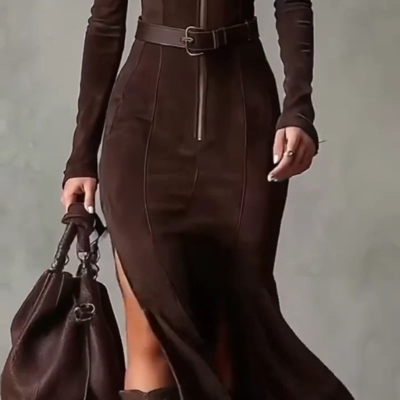 🖤Black Friday topper!✨ Lange Mouwen Maxi Jurk van Imitatiesuède met Rits – Luxe Faux Suede, Visstaart Silhouet & Zijdschlit (Elegant voor Meerdere Gelegenheden!) - Image 4