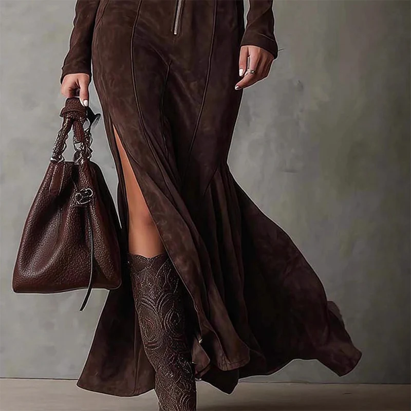 🖤Black Friday topper!✨ Lange Mouwen Maxi Jurk van Imitatiesuède met Rits – Luxe Faux Suede, Visstaart Silhouet & Zijdschlit (Elegant voor Meerdere Gelegenheden!) - Image 6