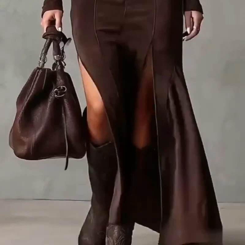 🖤Black Friday topper!✨ Lange Mouwen Maxi Jurk van Imitatiesuède met Rits – Luxe Faux Suede, Visstaart Silhouet & Zijdschlit (Elegant voor Meerdere Gelegenheden!) - Image 7