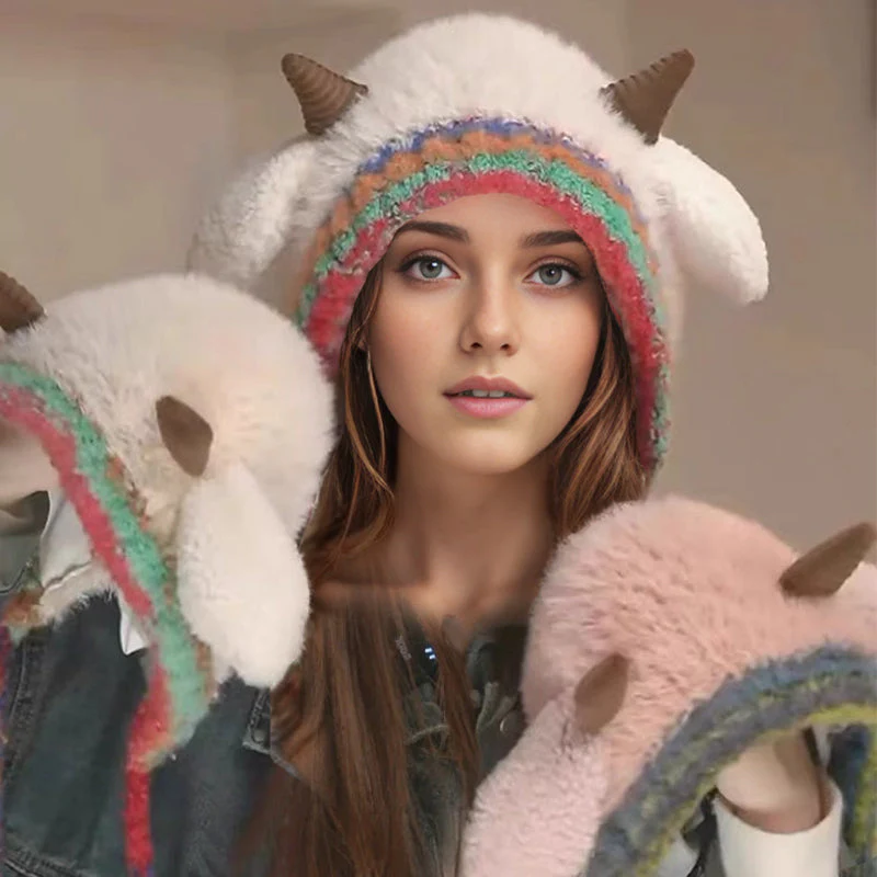🐑🧣 Schattige Pluche Lammetjes Muts – Warme Oorflappen, Kleurblock Design & Comfortabel (Perfect voor Winter!) - Image 3