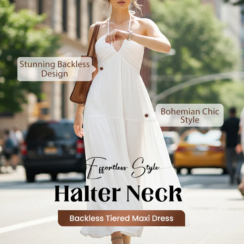 💘Valentijnsaanbieding: 50% Korting!👗Halternek Rugloze Gelaagde Maxi-Jurk – Bohemian Chic & Fladderend Comfortabel!