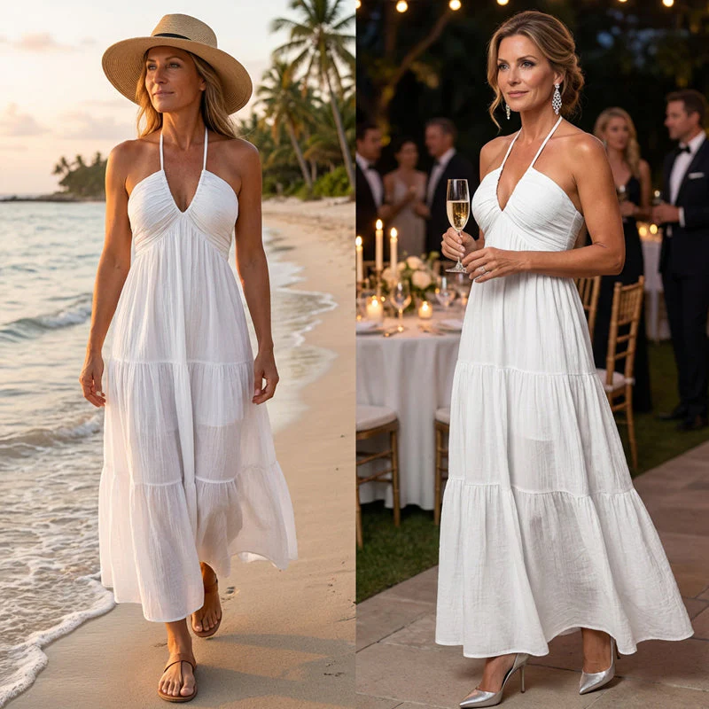 💘Valentijnsaanbieding: 50% Korting!👗Halternek Rugloze Gelaagde Maxi-Jurk – Bohemian Chic & Fladderend Comfortabel! - Image 3