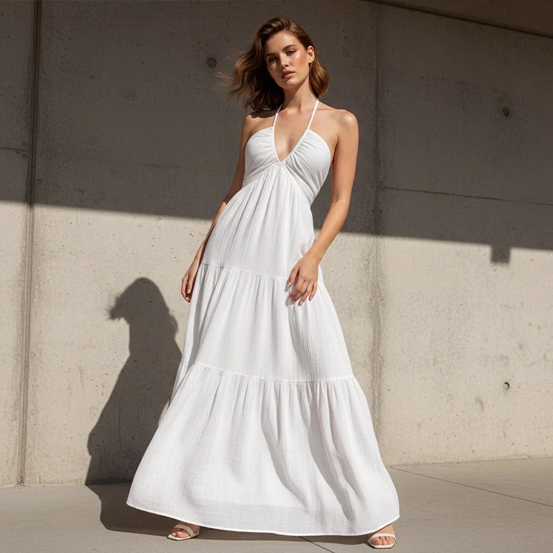 💘Valentijnsaanbieding: 50% Korting!👗Halternek Rugloze Gelaagde Maxi-Jurk – Bohemian Chic & Fladderend Comfortabel! - Image 6