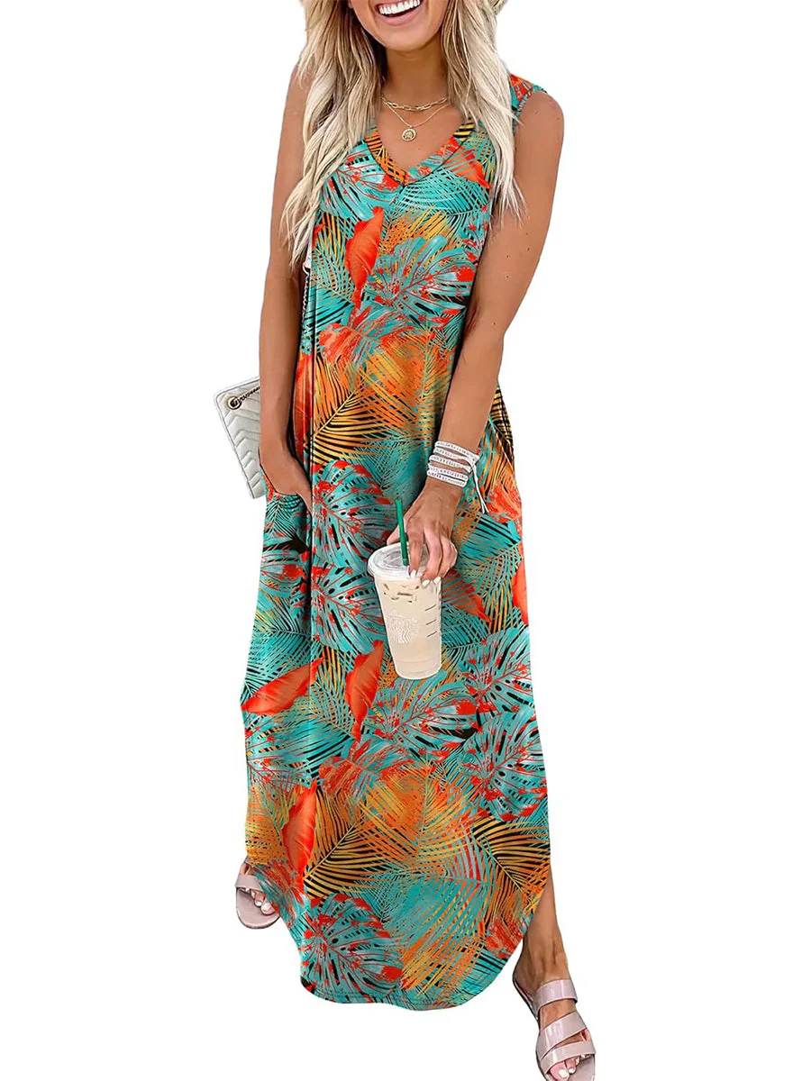 🎉Laatste dag promotie 50% KORTING💃2025 Zomer Boho Print V-hals Maxi-jurk met zakken - Image 10