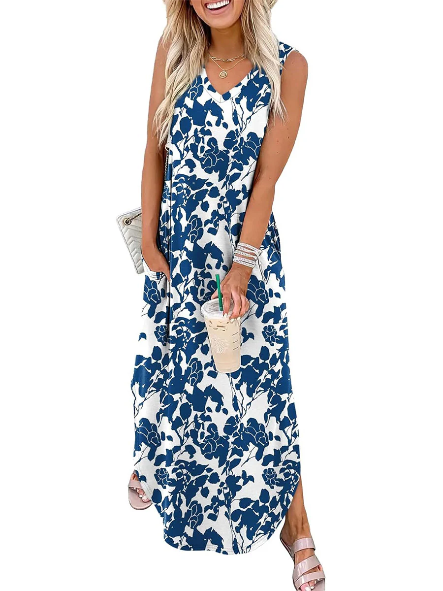 🎉Laatste dag promotie 50% KORTING💃2025 Zomer Boho Print V-hals Maxi-jurk met zakken - Image 15