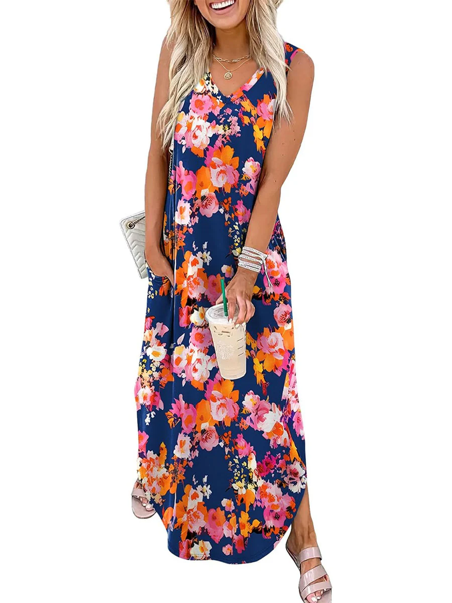 🎉Laatste dag promotie 50% KORTING💃2025 Zomer Boho Print V-hals Maxi-jurk met zakken - Image 16