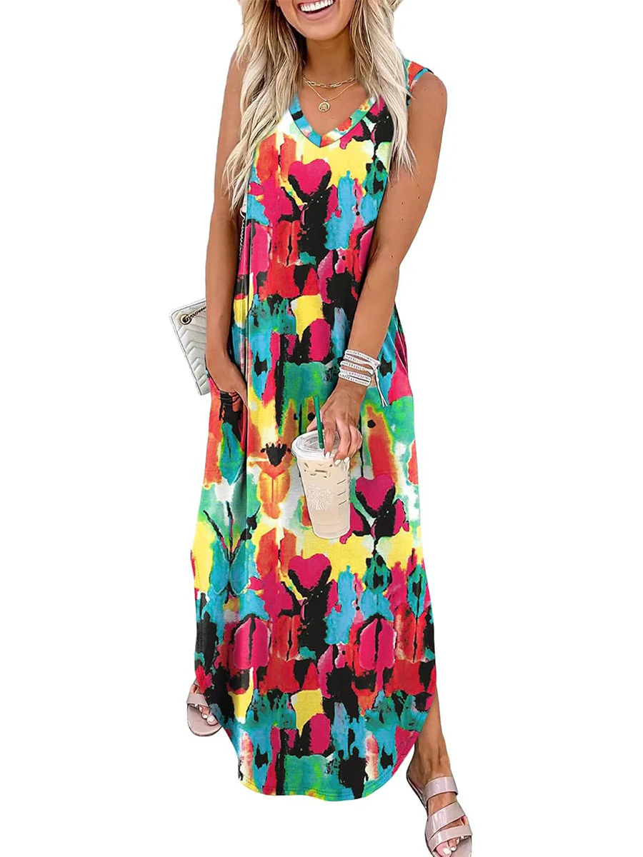 🎉Laatste dag promotie 50% KORTING💃2025 Zomer Boho Print V-hals Maxi-jurk met zakken - Image 17