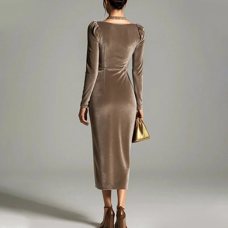 ✨ Elegante Fluweeljurk Met Kraag & Asymmetrische Split – Getrokken Taille, Glanzend Stof & Formele Stijl (Perfect voor Feesten & Gelegenheden!) - Image 2