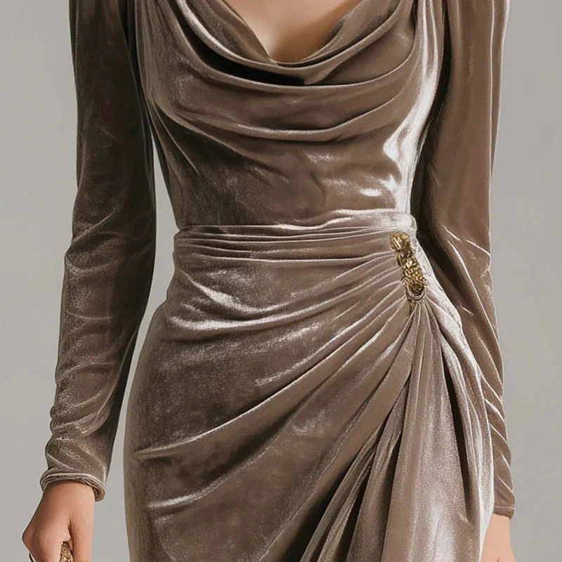 ✨ Elegante Fluweeljurk Met Kraag & Asymmetrische Split – Getrokken Taille, Glanzend Stof & Formele Stijl (Perfect voor Feesten & Gelegenheden!) - Image 4