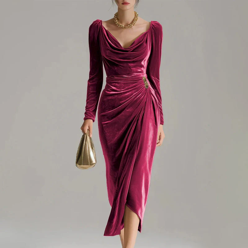 ✨ Elegante Fluweeljurk Met Kraag & Asymmetrische Split – Getrokken Taille, Glanzend Stof & Formele Stijl (Perfect voor Feesten & Gelegenheden!) - Image 5