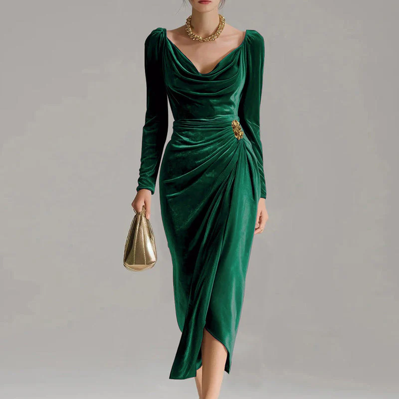 ✨ Elegante Fluweeljurk Met Kraag & Asymmetrische Split – Getrokken Taille, Glanzend Stof & Formele Stijl (Perfect voor Feesten & Gelegenheden!) - Image 7
