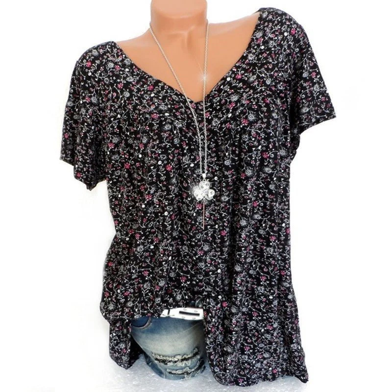 🌞Fris De Lente In Met 50% Korting!🌸 Dames korte mouwen blouse met voorjaarsbloemenprint: V-hals & losvallende pasvorm – Ademend, kreukvrij & flatteus voor lente & zomer - Image 2