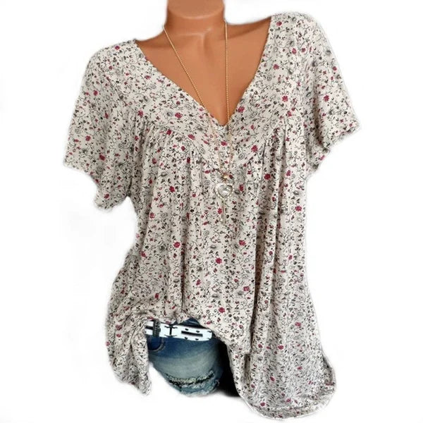 🌞Fris De Lente In Met 50% Korting!🌸 Dames korte mouwen blouse met voorjaarsbloemenprint: V-hals & losvallende pasvorm – Ademend, kreukvrij & flatteus voor lente & zomer - Image 3