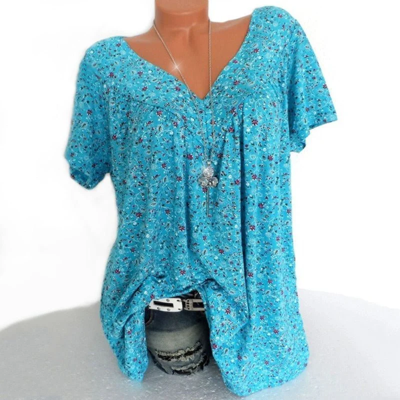 🌞Fris De Lente In Met 50% Korting!🌸 Dames korte mouwen blouse met voorjaarsbloemenprint: V-hals & losvallende pasvorm – Ademend, kreukvrij & flatteus voor lente & zomer - Image 4