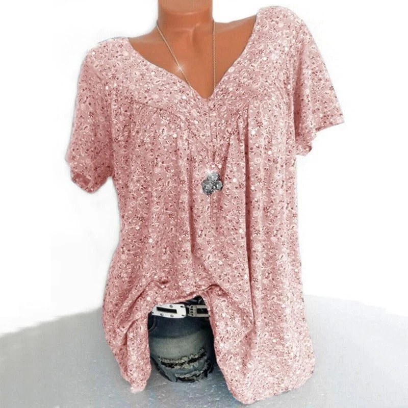 🌞Fris De Lente In Met 50% Korting!🌸 Dames korte mouwen blouse met voorjaarsbloemenprint: V-hals & losvallende pasvorm – Ademend, kreukvrij & flatteus voor lente & zomer - Image 5