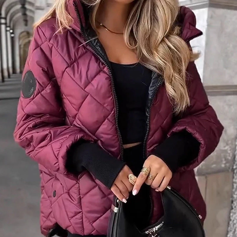 💜HOT SALE - 50% KORTING💜🧥 Trendy Gewatteerde Jas voor Dames – Diamantpatroon, Capuchon & Warme Katoenen Isolatie (Casual Winterstijl!)