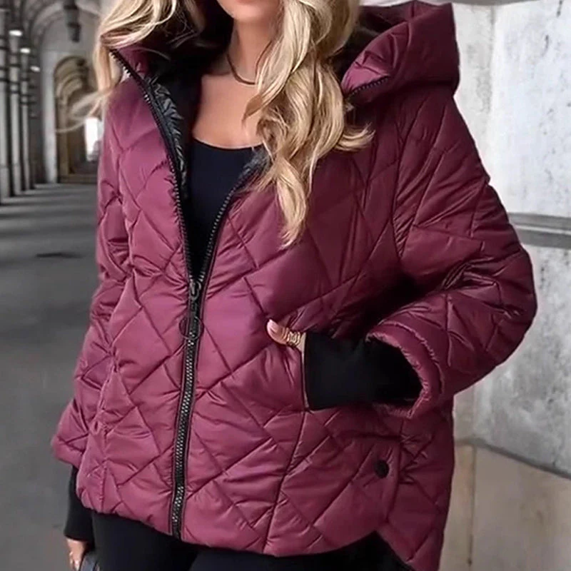 💜HOT SALE - 50% KORTING💜🧥 Trendy Gewatteerde Jas voor Dames – Diamantpatroon, Capuchon & Warme Katoenen Isolatie (Casual Winterstijl!) - Image 2
