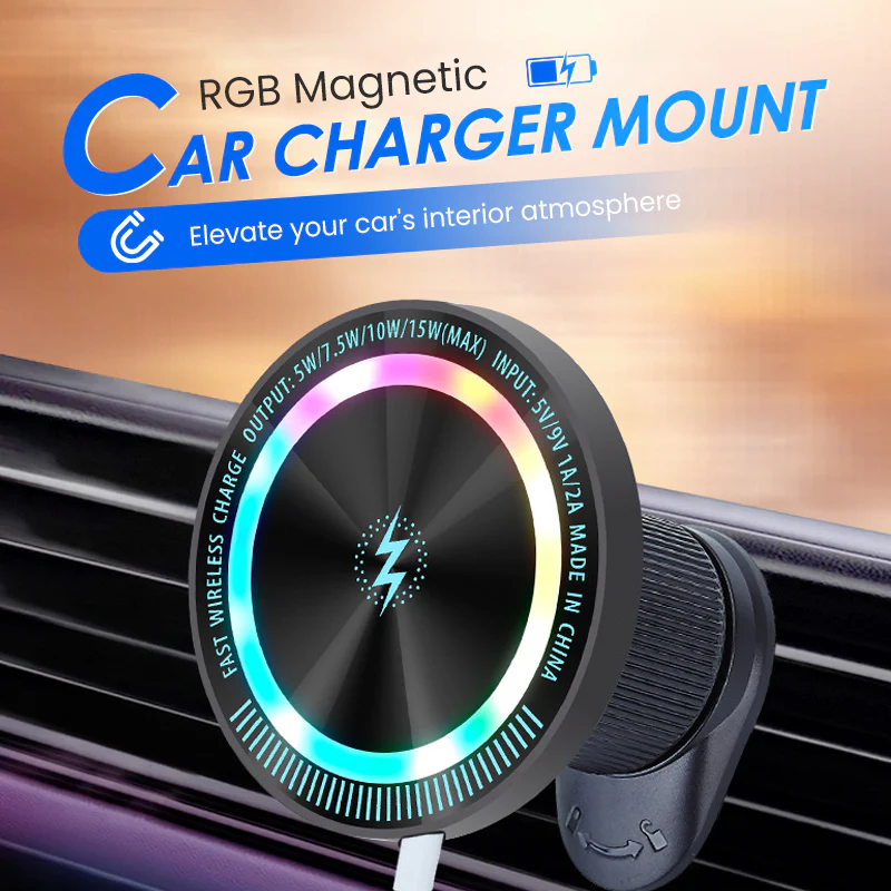 🌞Fris De Lente In Met 50% Korting!🚗RGB Magnetische Draadloze Autoladerhouder – 15W Snel Laden & 360° Rotatie