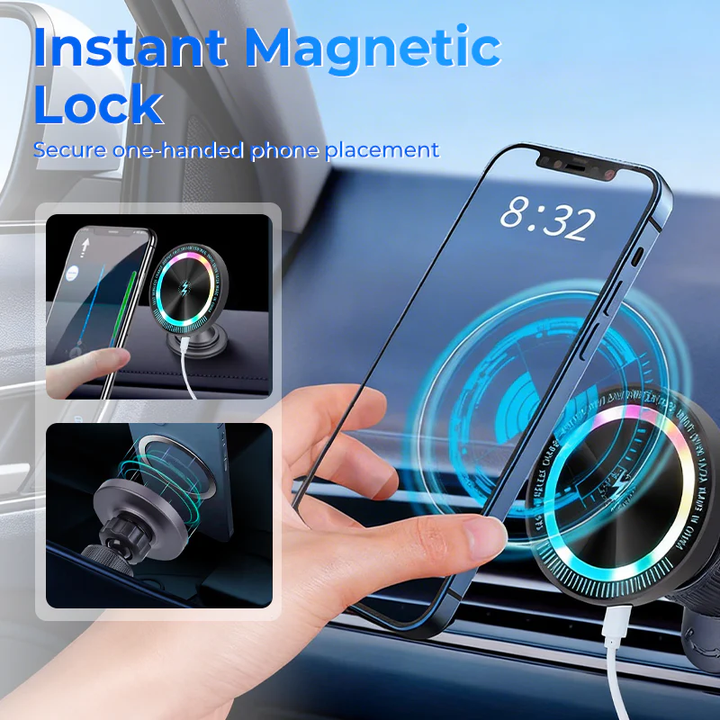 🌞Fris De Lente In Met 50% Korting!🚗RGB Magnetische Draadloze Autoladerhouder – 15W Snel Laden & 360° Rotatie - Image 3