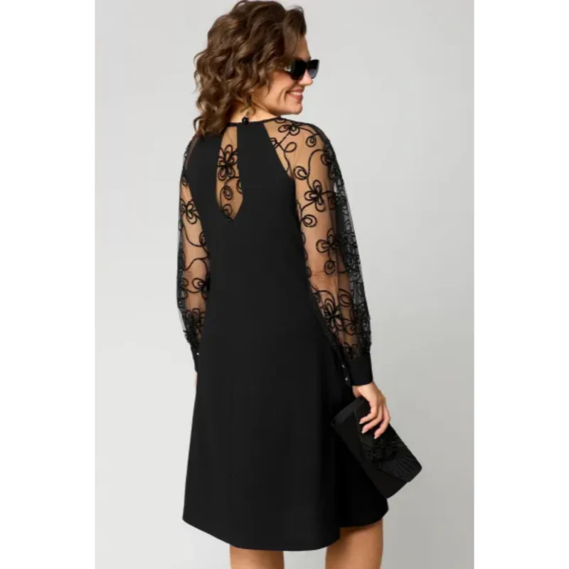 💘Valentijnsaanbieding: 50% Korting!👗 Kanten Patchwork Ronde Hals Lange Mouw Jurk – Elegant & Vrouwelijk voor Elke Lichaamstype! - Image 4