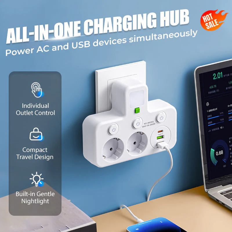 🌞Fris De Lente In Met 50% Korting!🔌Slanke Slimme Stekkerdoos (USB + Nachtlampje) – Individuele Schakelaars & Reisvriendelijk: Laad Meerdere Apparaten Tegelijk!