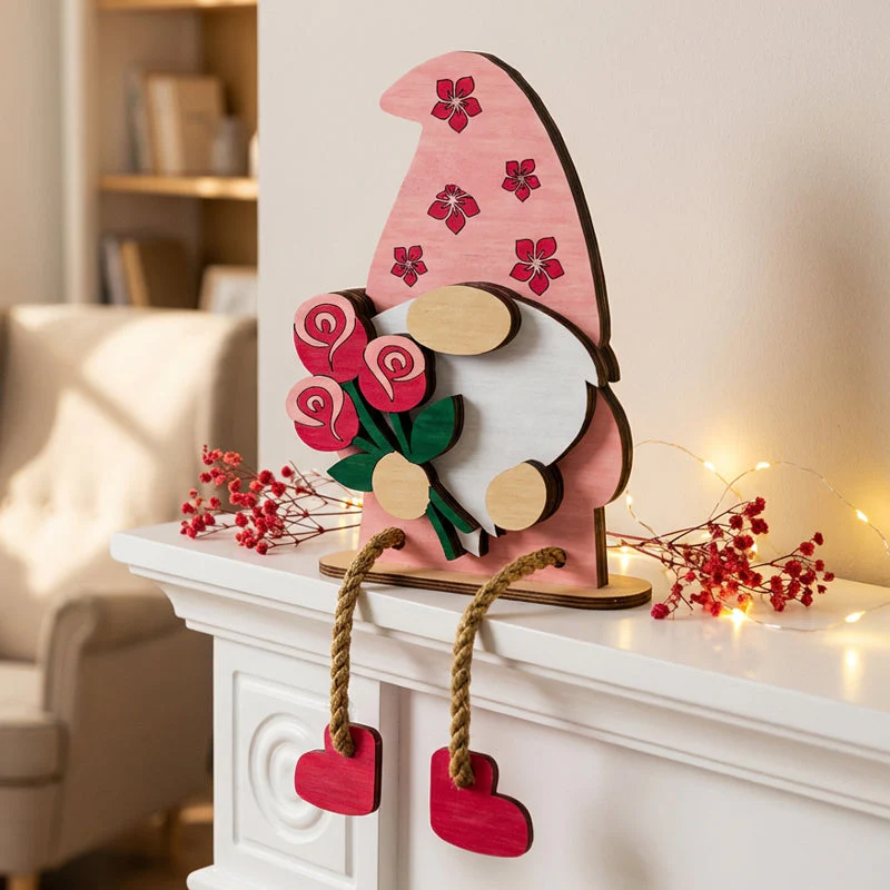 🎉Nieuwjaars Cadeau 50% KORTING!🧝♀️Valentijnsdag Houten Kabouter Decoratie : Romantisch Hartjes&Bloemen Ontwerp – Perfect Voor Plank & Cadeau!