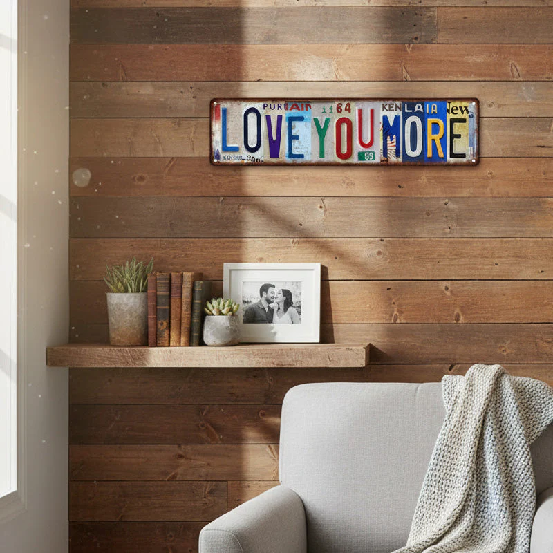 💘Valentijnsaanbieding: 50% Korting!💖 Vintage “Love You More” Kentekenplaat Blikken Bord – Rustieke Wanddecoratie & Cadeau!