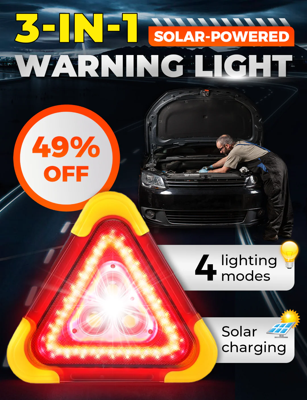 🎉Nieuwjaars Cadeau 50% KORTING! 🆘 3-IN-1 Driehoekige Solar Noodwaarschuwingslamp voor langs de weg ✨