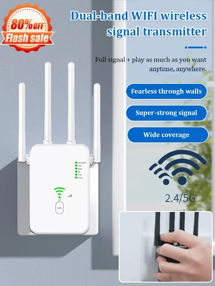 Dual-Band WiFi Booster – 1200Mbps, 4 Antennes & Door-Muur Dekking (Plug & Play, Gaming Vast!)