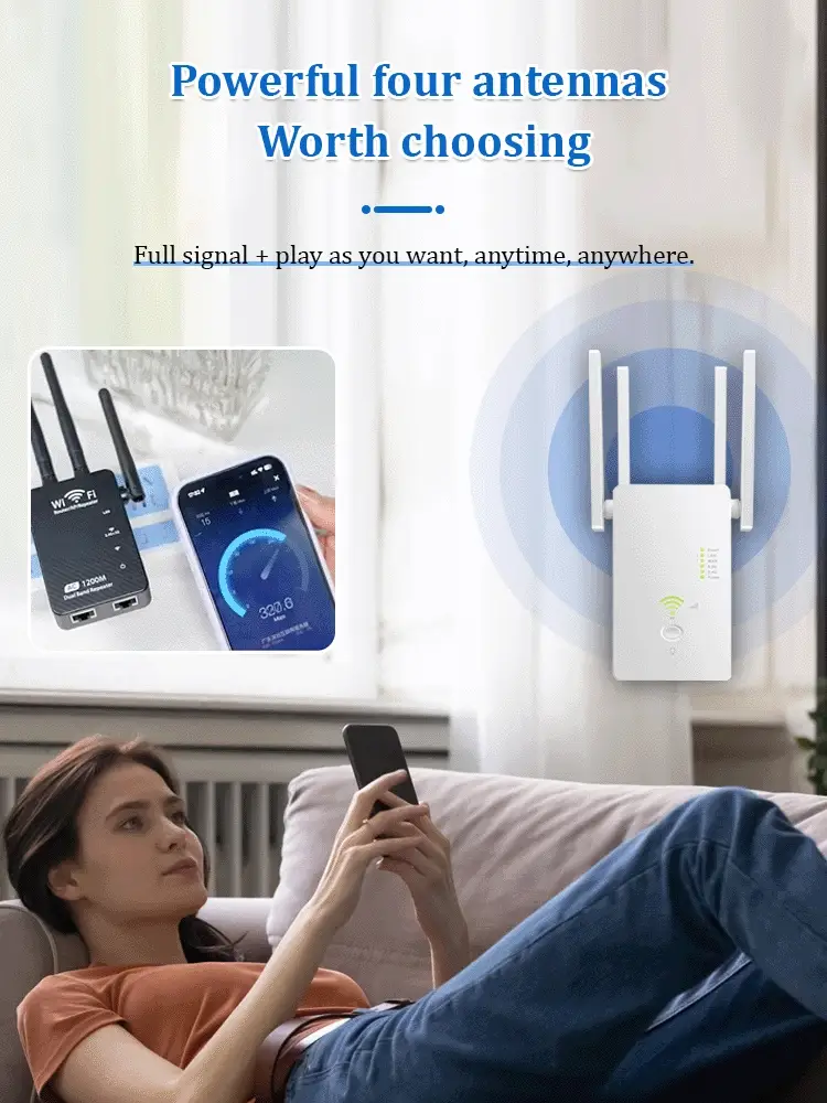 Dual-Band WiFi Booster – 1200Mbps, 4 Antennes & Door-Muur Dekking (Plug & Play, Gaming Vast!) - Image 2