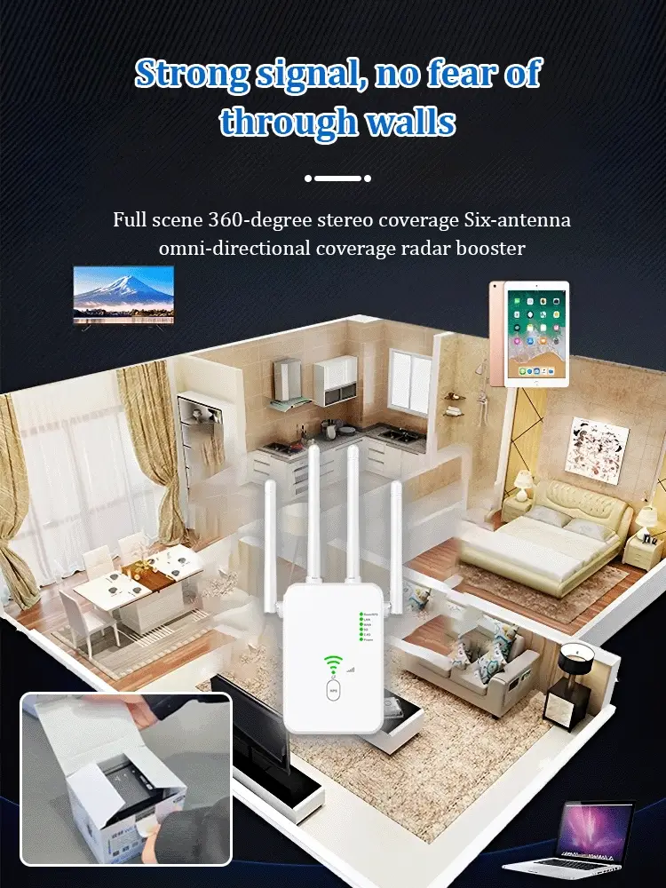 Dual-Band WiFi Booster – 1200Mbps, 4 Antennes & Door-Muur Dekking (Plug & Play, Gaming Vast!) - Image 3