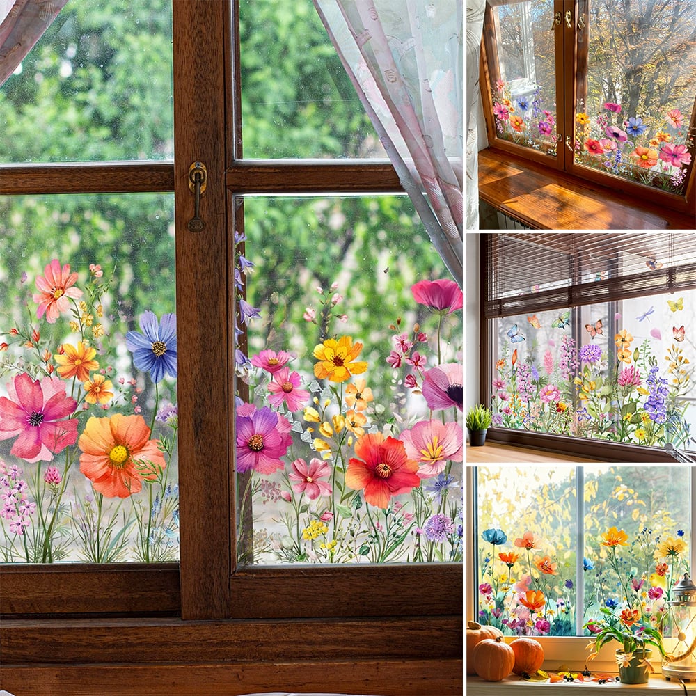 🌞Fris De Lente In Met 50% Korting!🌸 Venster vol Leven: Kleurrijk Bloemenboeket Raamsticker – Geen Lijmresten, Geen Gedoe!