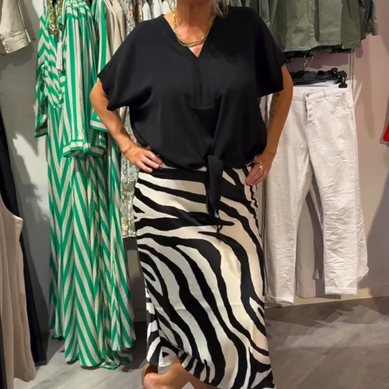 💘Valentijnsaanbieding: 50% Korting!🖤Dames Casual Set – Strik Blouse + Zebrastreep Midi-Rok | Comfortabel & Stijlvol!