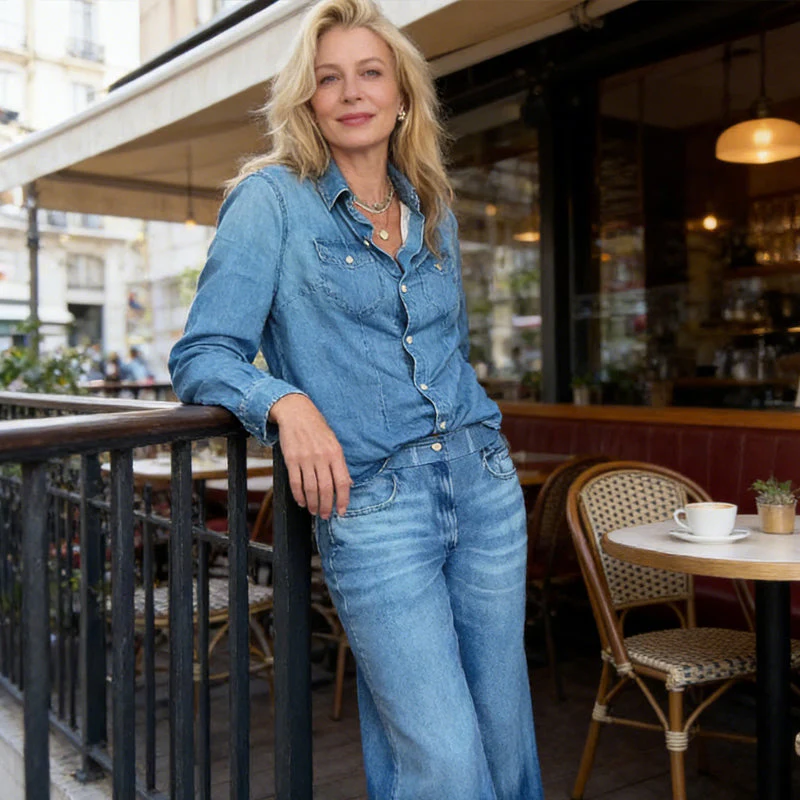 🎉Nieuwjaars Cadeau 50% KORTING!👖Dames 2-delige Faux Denim Pyjama (Stijlvol & Comfortabel) – Kan Buiten Gedragen: Relax & Lounge in Trend!