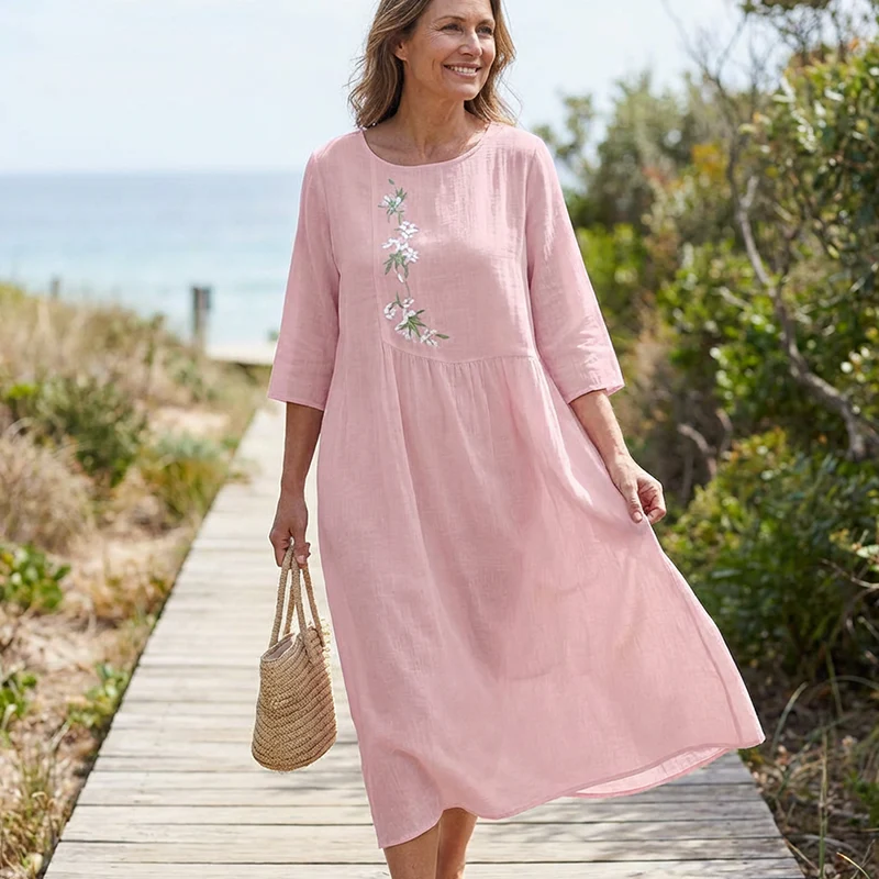 🌞Fris De Lente In Met 50% Korting!🌸Dames Casual Losvallende Midi-Jurk met Borduursel – Comfortabel & Elegant voor Zomer!