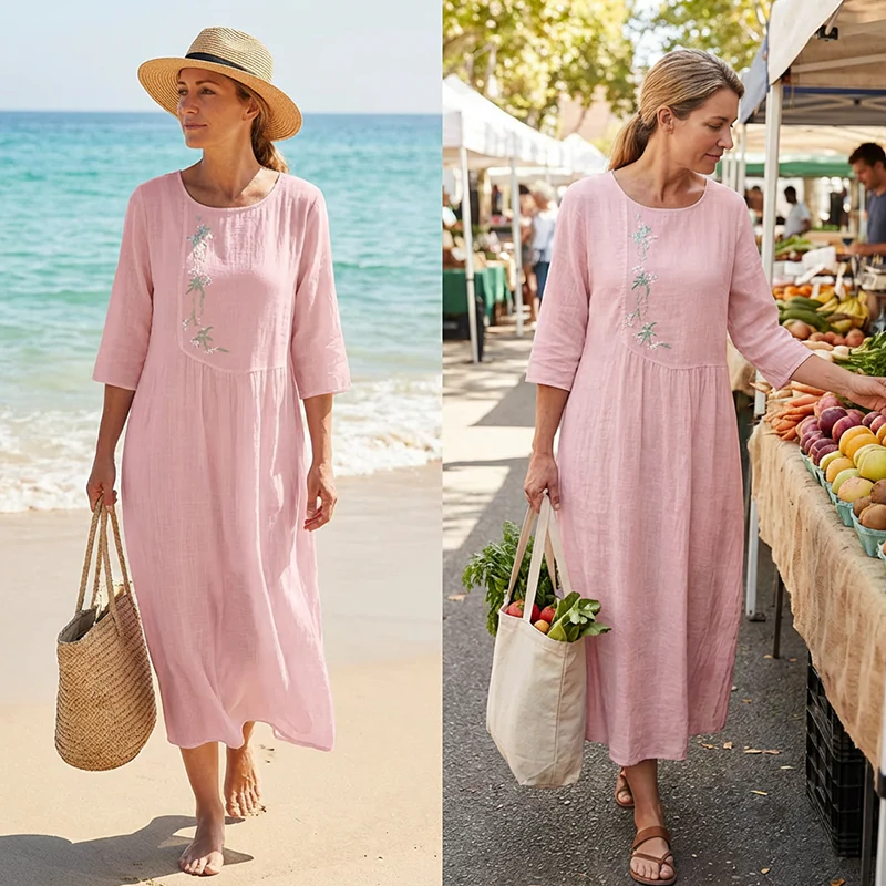 🌞Fris De Lente In Met 50% Korting!🌸Dames Casual Losvallende Midi-Jurk met Borduursel – Comfortabel & Elegant voor Zomer! - Image 4