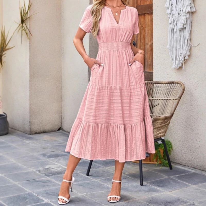 Dames Casual Zomer Korte Mouwen V-Hals Lange Jurk - Image 12