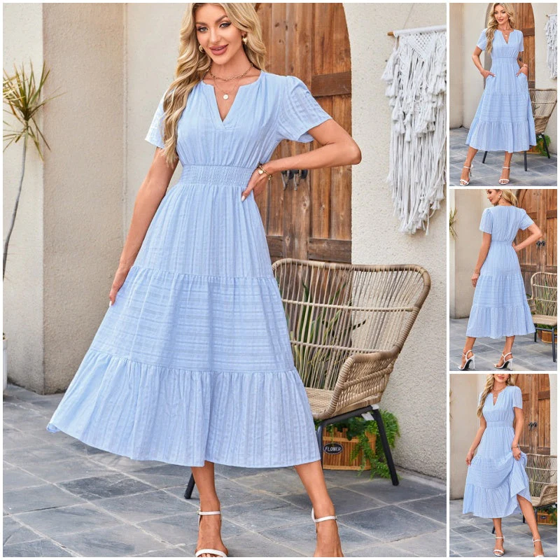 Dames Casual Zomer Korte Mouwen V-Hals Lange Jurk - Image 5