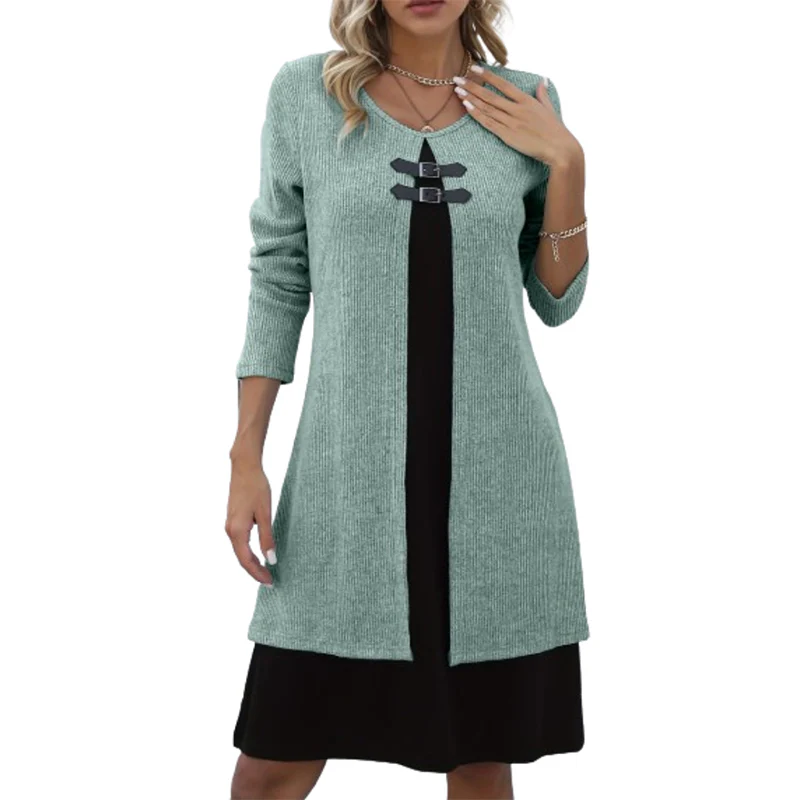 👗💖 Dames Jurk Tweedelig – A-Lijn Silhouet, Chique Gespaccenten & Comfortabele Geribbeld Stof