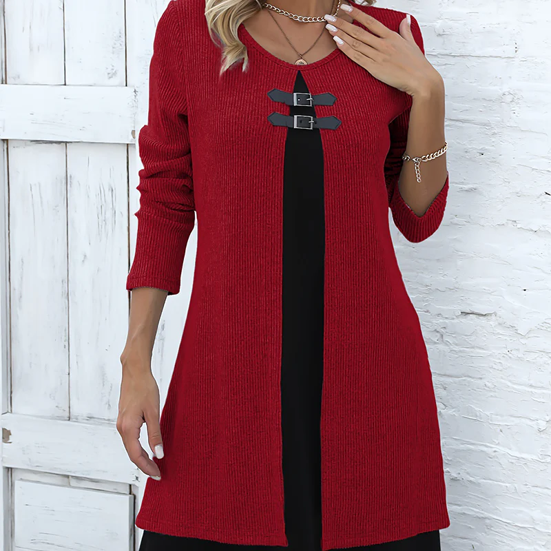 👗💖 Dames Jurk Tweedelig – A-Lijn Silhouet, Chique Gespaccenten & Comfortabele Geribbeld Stof - Image 2
